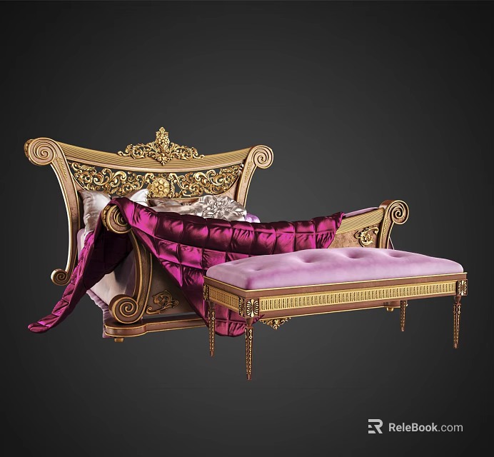 Ornate Golden Double Bed with Purple Drapery and Matching Bench Design 3d model 
