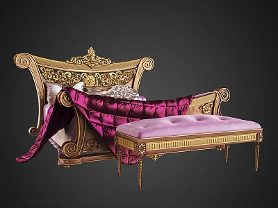 Ornate Golden Double Bed with Purple Drapery and Matching Bench Design 3d model