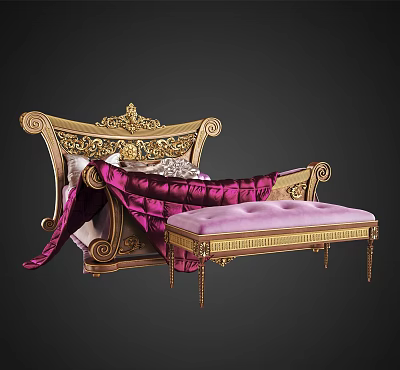 Ornate Golden Double Bed with Purple Drapery and Matching Bench Design 3d model