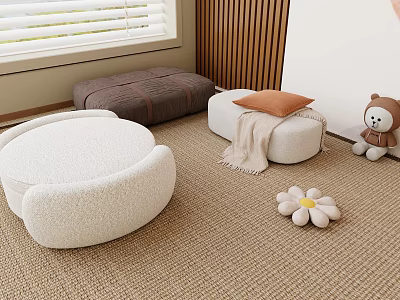 Soft White And Brown Footstool On Beige Carpet With Teddy Bear White Flower Window Blinds 3d model