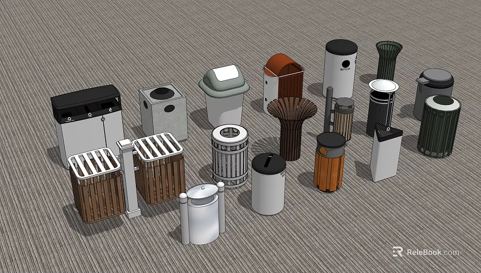 Various Designed Public Trash Bins With Different Materials Shapes And Styles 3d model 