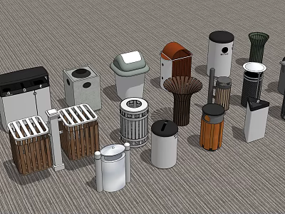 Various Designed Public Trash Bins With Different Materials Shapes And Styles 3d model