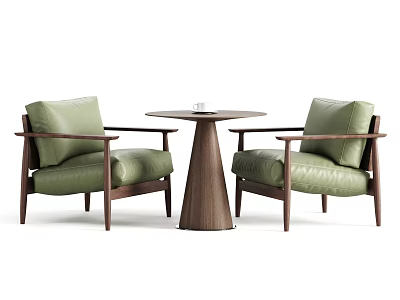 Stylish Table And Chair Set With Two Green Leather Chairs And Wooden Round Table 3d model