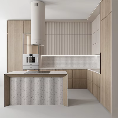 Modern Kitchen Interior Design With Natural Wood Cabinets Island And Textured Backsplash 3d model