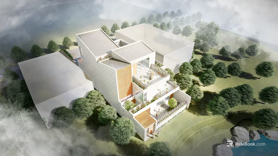 Modern Detached Villa Exterior Design Surrounded By Trees Green Space And Balcony 3d model 