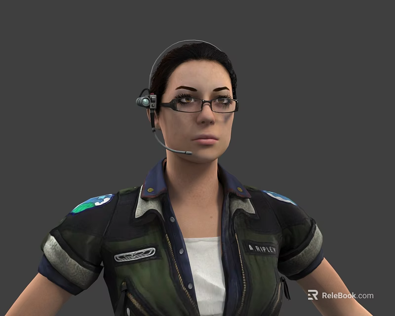 Game Movie Character Wearing Glasses Headset Microphone Military Jacket With Patches And White Shirt 3d model 