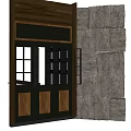 Rustic Stone Wall Design With Wooden Door Frame And Open Window Grille