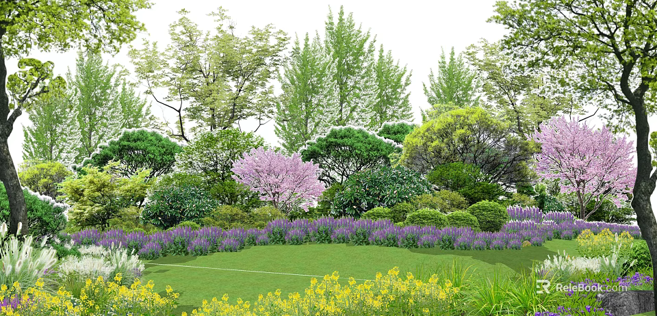 Colorful Garden Flowers with Green Grass Yellow Blooms Purple Plants and Various Trees 3d model 