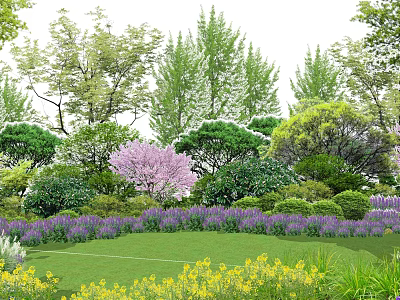 Colorful Garden Flowers with Green Grass Yellow Blooms Purple Plants and Various Trees 3d model