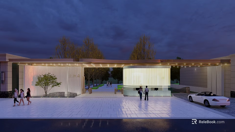 Modern Outdoor Entrance Gate Design With Night Lighting Surrounding Trees Paved Plaza And Parked Car 3d model 