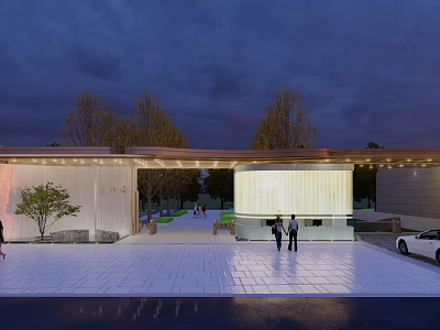 Modern Outdoor Entrance Gate Design With Night Lighting Surrounding Trees Paved Plaza And Parked Car 3d model