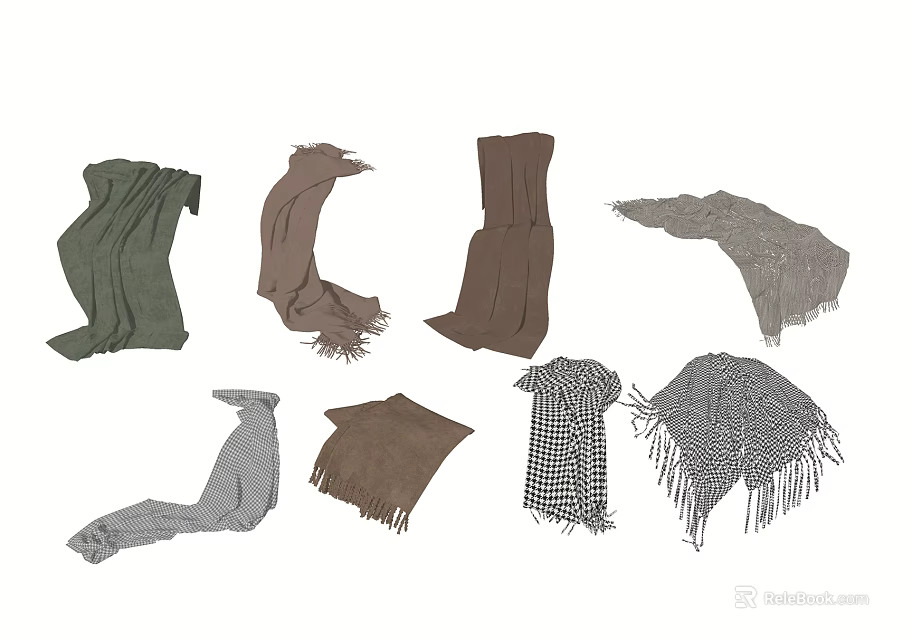 Various Colored Scarves In Different Styles Including Green Brown Gray And Checkered 3d model 