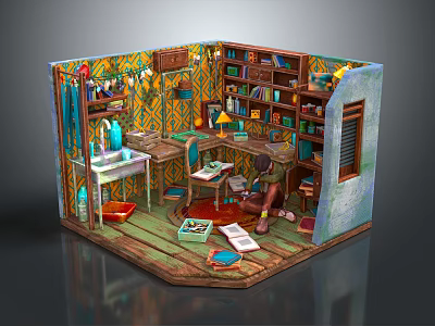 Cartoon Studio Interior With Bookshelf Table Lamp Decorative Wallpaper And Books 3d model