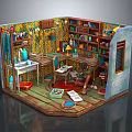 Cartoon Studio Interior With Bookshelf Table Lamp Decorative Wallpaper And Books