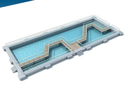 Garden Ornament Water Pool With Wooden Walkway And Metal Railings In Outdoor Space 3d model