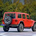 Red Jeep Wrangler Parked On Road Surface With Green Trees Background 3d model