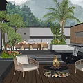 Modern Garden With Wooden Deck Fire Pit Wicker Chairs Dining Table Green Plants And Mountains