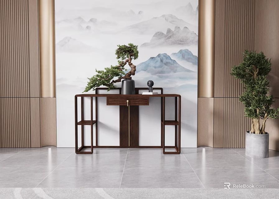 Wooden Console Table And Side Cabinet With Elegant Landscape Painting Backdrop And Green Plants 3d model 