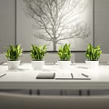 Modern Public Office Space With Long Table Hanging Lights Notebooks Pens And Green Plants