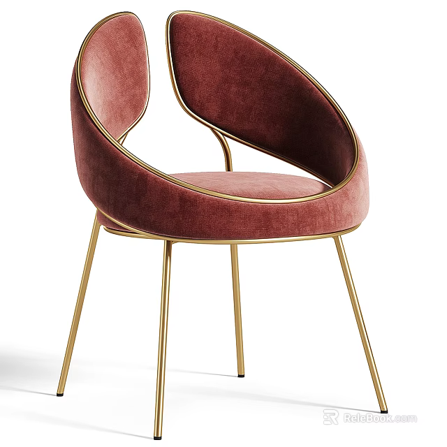 Elegant Modern Dining Chair With Red Velvet Upholstery And Gold Metal Legs Curved Backrest Design 3d model 
