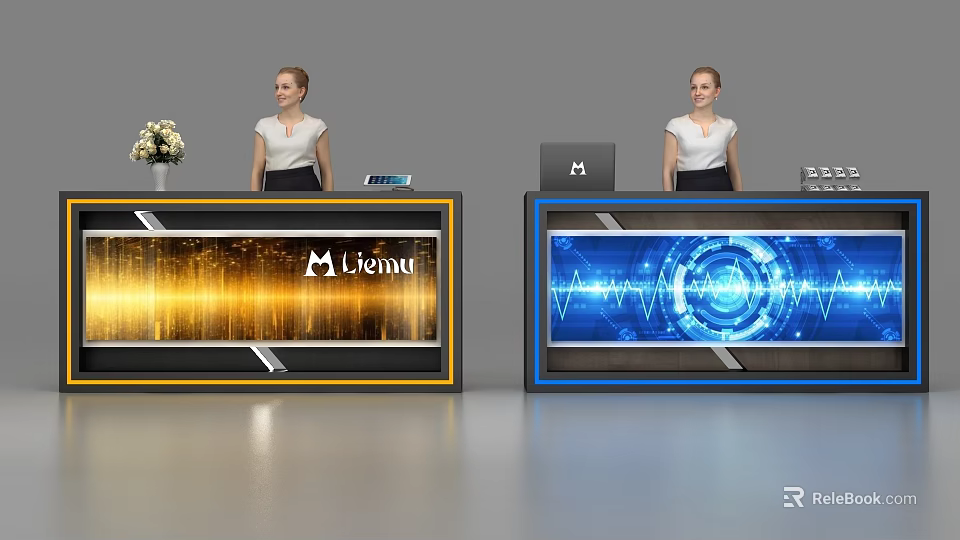 Modern Livenu Reception Desks With Gold And Blue Illuminated Panels And Receptionists 3d model 