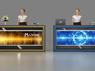 Modern Livenu Reception Desks With Gold And Blue Illuminated Panels And Receptionists 3d model
