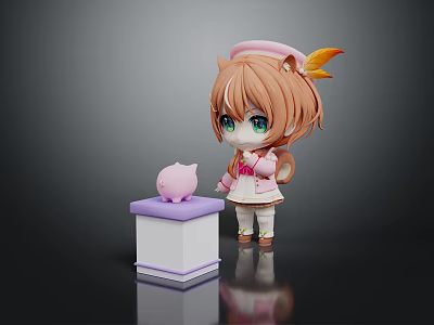 Cartoon Girl With Brown Hair Green Eyes And Pink Pig Creature On Purple White Box 3d model
