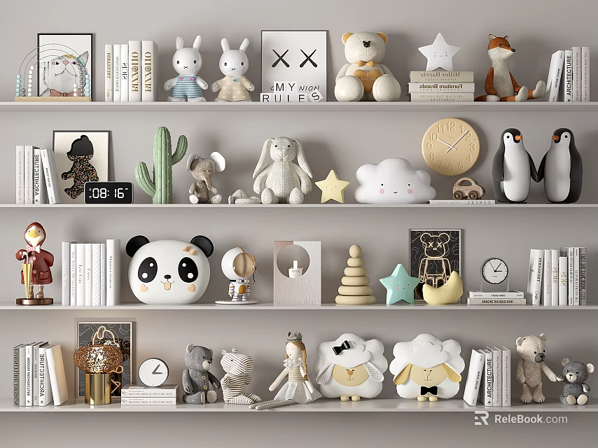Cute Decorative Ornament Set with Stuffed Toys Cloud Star and Clock on Shelves 3d model 