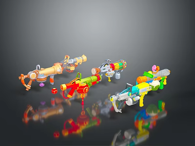 Colorful Plastic Toy Guns With Various Fun Designs And Shiny Reflections For Kids 3d model