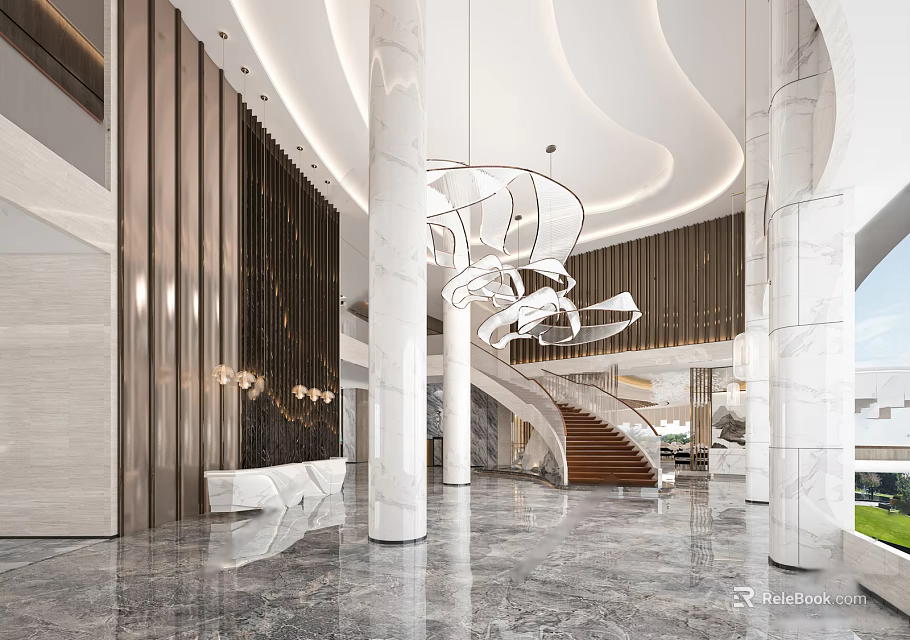 Elegant Modern Hotel Lobby Interior With Marble Flooring Chandelier And Staircase Columns 3d model 