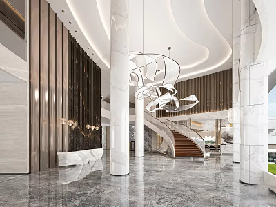 Elegant Modern Hotel Lobby Interior With Marble Flooring Chandelier And Staircase Columns 3d model