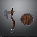 Axe And Shield Weapon With Silver Blade Wooden Handle Red Straps NC Symbol Silver Rim