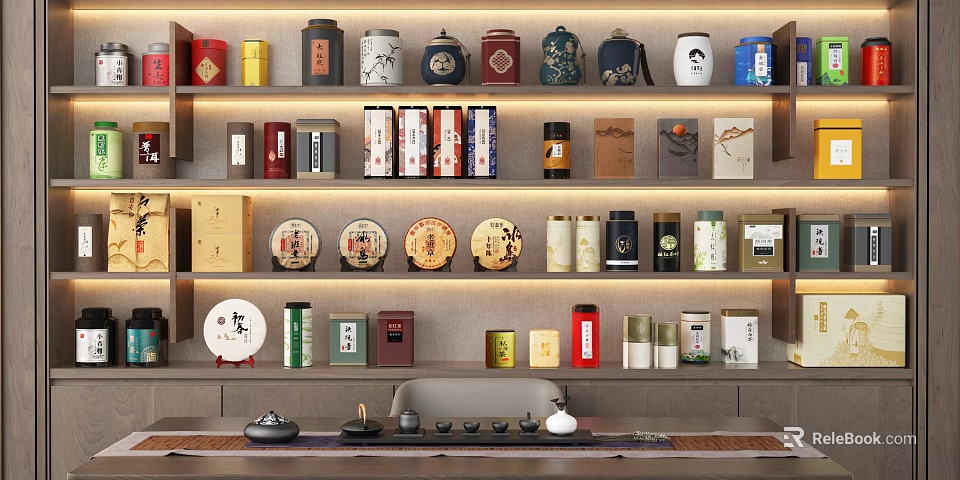Modern Tea Set Display With Tea Caddies Cakes And Boxes On Shelves 3d model 