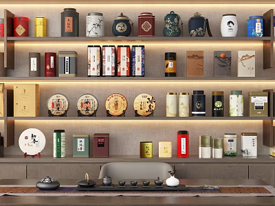 Modern Tea Set Display With Tea Caddies Cakes And Boxes On Shelves 3d model
