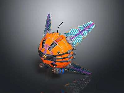 Orange Spherical Mechanical Object With Purple Blue Wings Wheels And Surface Patterns 3d model