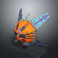 Orange Spherical Mechanical Object With Purple Blue Wings Wheels And Surface Patterns