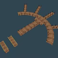 Wooden Curved Bridge Over Blue Water With Multiple Extensions And Railings