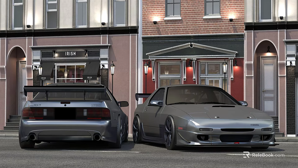 Two Modified Sports Cars Parked On Urban Street With Building Background 3d model 