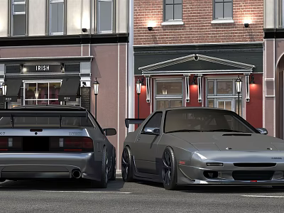 Two Modified Sports Cars Parked On Urban Street With Building Background 3d model