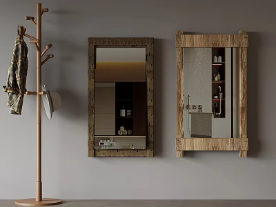 Coat Rack With Hanging Jacket And Wooden Framed Mirrors On Wall 3d model