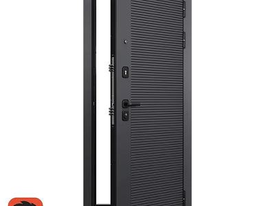 Modern Black Swing Door With Vertical Slats And Glass Panel Design 3d model