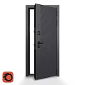 Modern Black Swing Door With Vertical Slats And Glass Panel Design