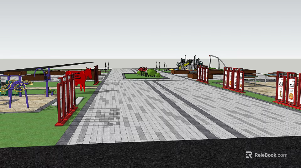 Public Square Design With Paved Path Red Railings Green Lawn And Distant Facilities 3d model