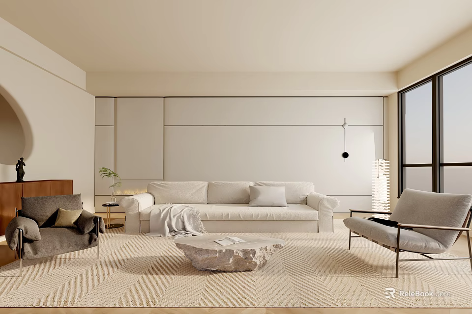 Modern Living Room Interior With Beige Sofa Textured Rug And Large Windows 3d model 