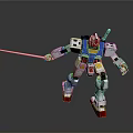 White Robot Figure With Glowing Sword Blue Yellow Red Details Standing On Reflective Floor