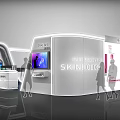 Modern Exhibition Booth Design With White Structure Blue Flooring Sofas And Display Screens 3d model