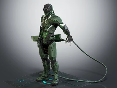 Standing Cybernetic Character in Green Mechanical Armor With Back Cables and Blue Glowing Feet 3d model