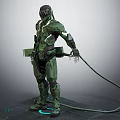 Standing Cybernetic Character in Green Mechanical Armor With Back Cables and Blue Glowing Feet