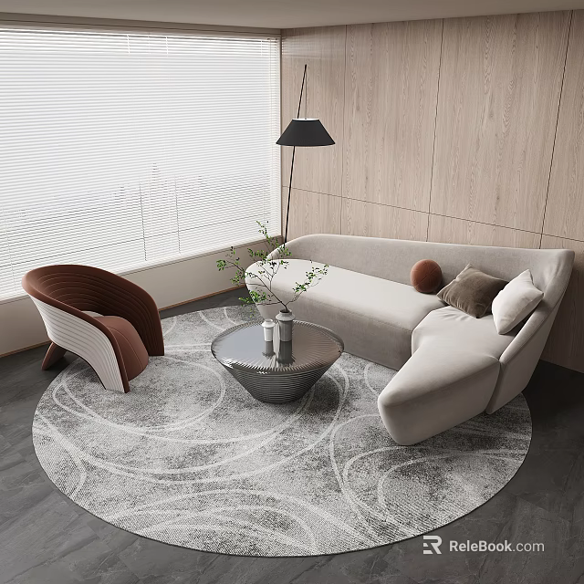 Modern Sofa And Coffee Table Set With Round Rug Accent Chair Floor Lamp Green Plant 3d model 