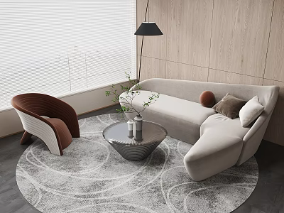 Modern Sofa And Coffee Table Set With Round Rug Accent Chair Floor Lamp Green Plant 3d model
